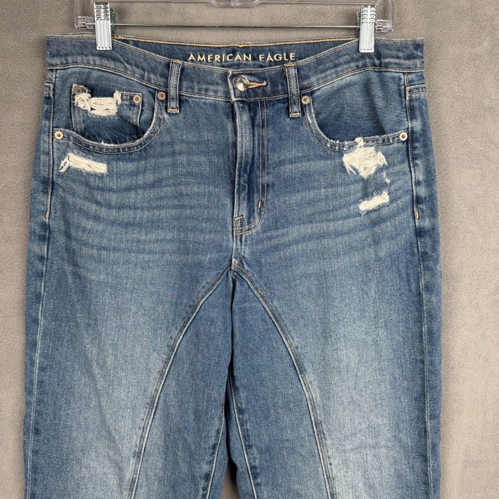 American Eagle Low-Rise Baggy Straight Seamed Distressed Jeans Womens 8 Regular - Picture 2 of 12